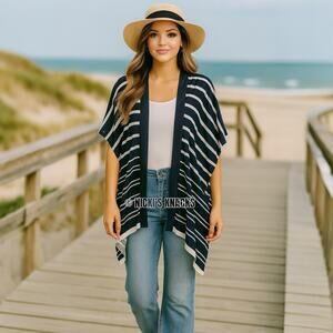 Loft Maritime Stripe Kimono Top Nautical Navy & White Open Front Size XS/S